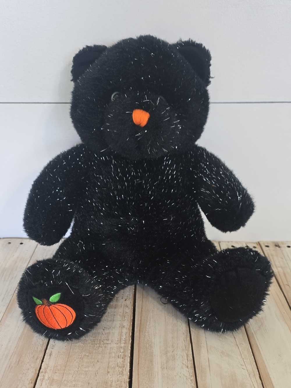 Vintage Build-A-Bear 1997 Halloween Black Sparkle Teddy Bear Pumpkin Paw